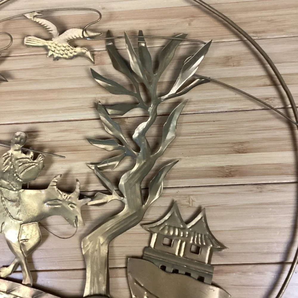 Vintage Metal Asian Folk Art Wall Hangings Set (4)